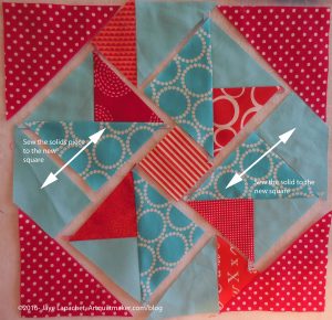 Sew squares to solid fabric